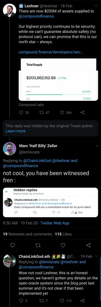 12/ Through the above, you can the determine for yourself which protocol you feel comfortable usingIMHO, you should never trust  @CompoundFinance due to their unprofessionalism, reckless attitude towards security, and opquenes where uncomfortable questions are hidden