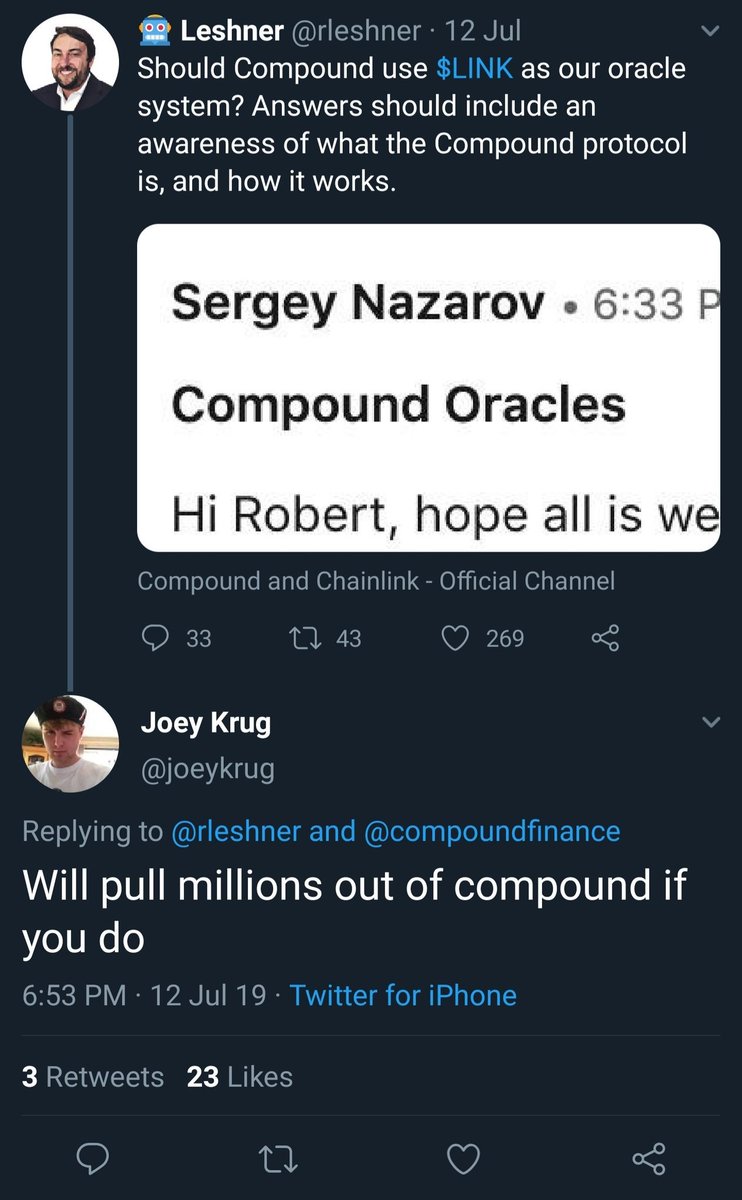 12/ Through the above, you can the determine for yourself which protocol you feel comfortable usingIMHO, you should never trust  @CompoundFinance due to their unprofessionalism, reckless attitude towards security, and opquenes where uncomfortable questions are hidden