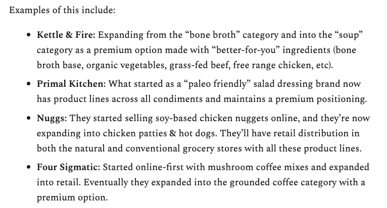 5c/ This makes it much easier for the brand to finally expand into mainstream and broader health trends (eg: low sugar, organic ingredients, etc).By doing so, the brand can compete directly with incumbents as a PREMIUM alternative to the staple food category.Examples: