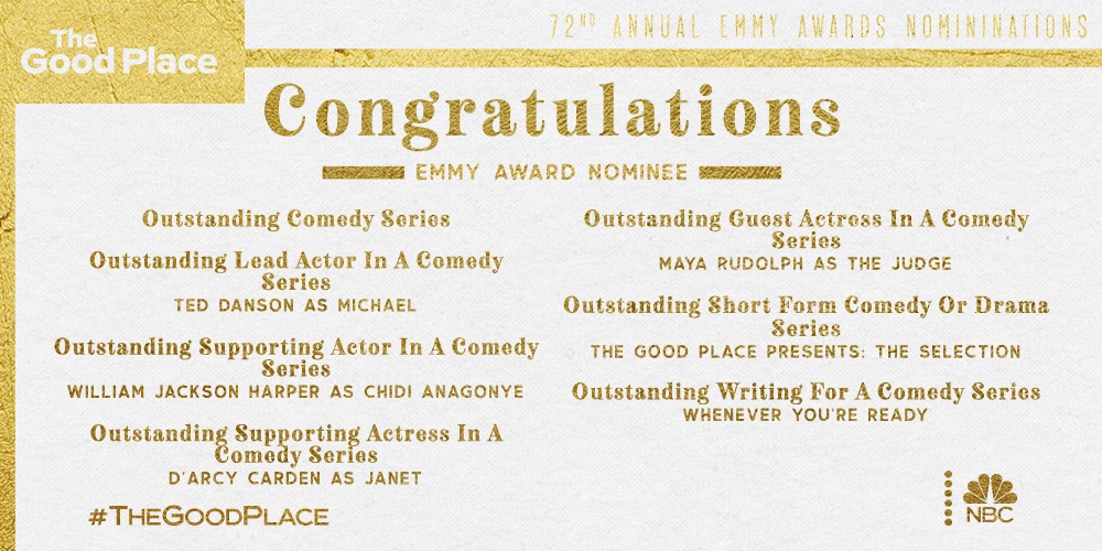 Holy shirt! This really is #TheGoodPlace. Congratulations to all of our cast and crew nominated for #Emmys at the @televisionacad.