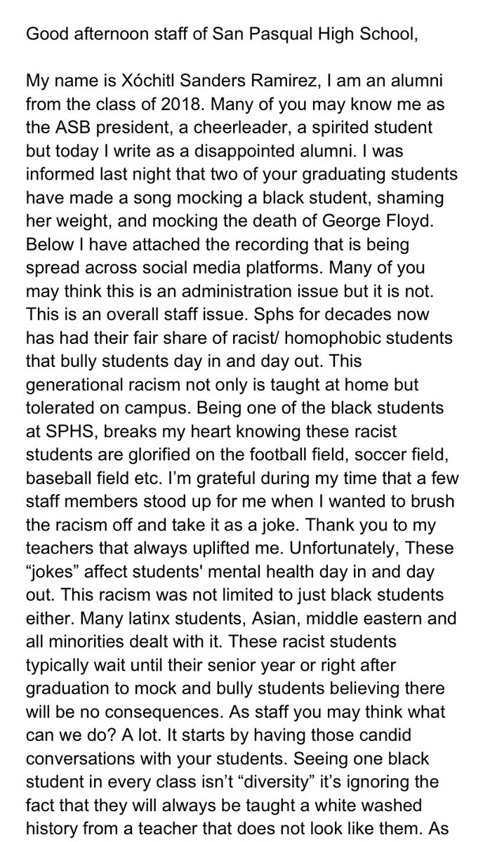 xochitltupac's tweet photo. I wrote a lengthy paragraph to the staff of SPHS. But I’m not sure if my emails are going through just Incase here is a copy. Hopefully the students at this high school can heal and no longer be bullied. https://t.co/2IhDTNlJsd