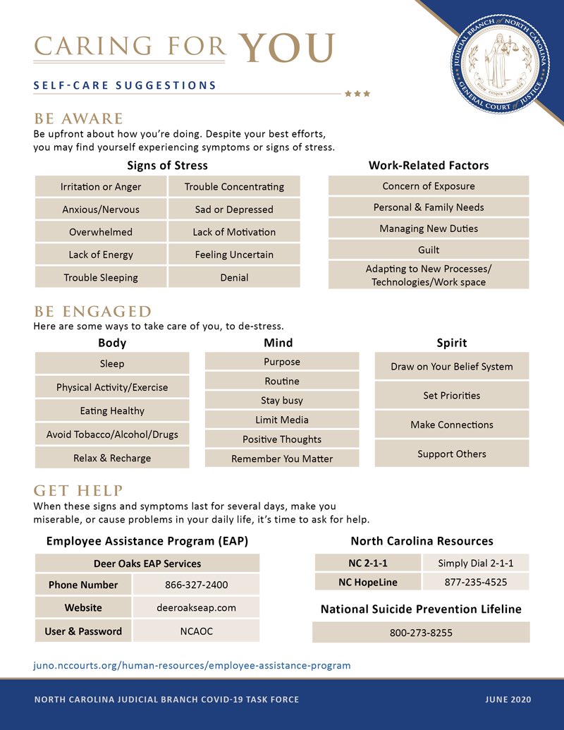 CheriBeasleyNC's tweet photo. In an effort to support our Judicial Branch personnel and legal community during these difficult times, the Virus Fatigue Subcommittee of the Judicial Branch COVID-19 Task Force has compiled new resources and recommendations available on https://t.co/qidQdssKnl https://t.co/P9w2QqblKv