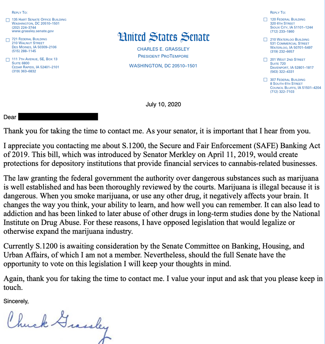 NORML's tweet photo. "Marijuana is illegal because it is dangerous." 
- Senator @ChuckGrassley 

He is a member of the Senate Judiciary Committee, a victim of reefer madness, and a perpetrator of the oppressive policy of federal prohibition. https://t.co/k15lWm40Um