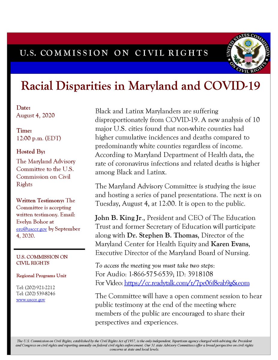 USCCRgov's tweet photo. USCCR State Advisory Committee Announcement
Maryland Advisory Committee to Hold Meeting on Racial Disparities in Health Services During the COVID Pandemic
#MDSAC #USCCRSAC https://t.co/bhSixCMRPD