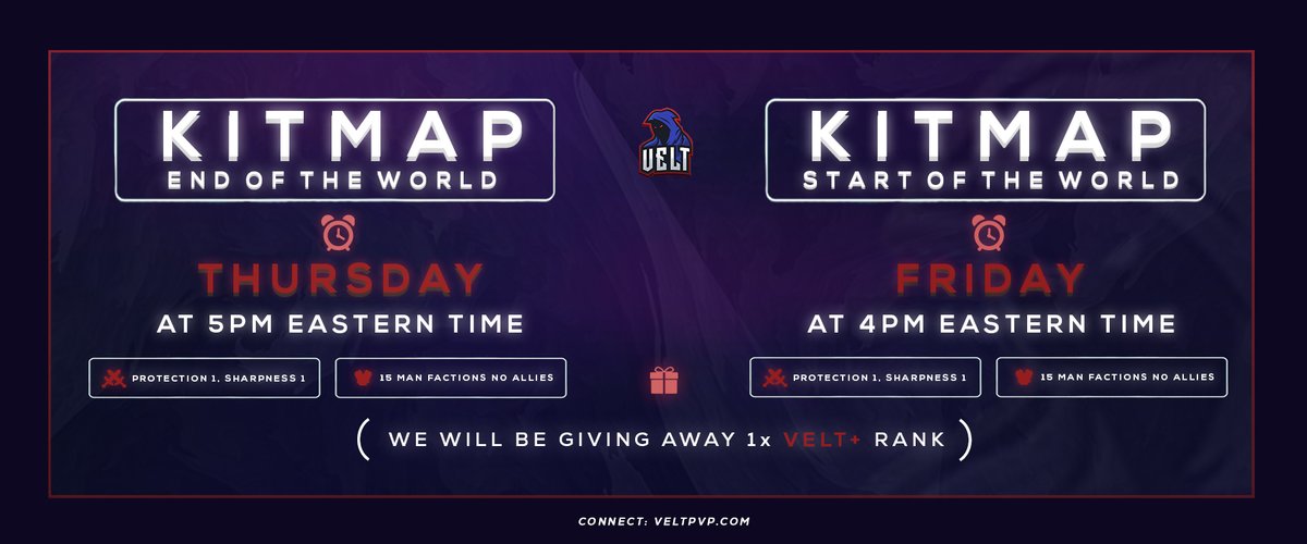 🛡️ Kitmap Release 🛡️

➥ Kitmap EOTW this Thursday @ 5PM EST
Winner will receive a Rank Upgrade!

➥ Kitmap SOTW this Friday @ 4PM EST

F Top Prizes!
📝 veltpvp.com/thread/2294/Ki…

We're also giving away:

• 1x Velt+ Rank
• 10x OP Keys

❤️, 🔄 and comment your IGN below to enter!
