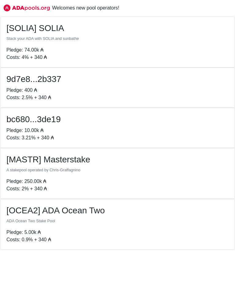 adapools_org's tweet photo. https://t.co/DFC3ogAawe welcomes new pools!

 #SOLIA #SOLIA #MASTR #Masterstake #OCEA2 #ADA Ocean Two #FGHEK #FGHEK #MANA #MANA #cardano $ADA 
 👉 https://t.co/py7xEJTVG3 👈 https://t.co/GKhtHPYU9l