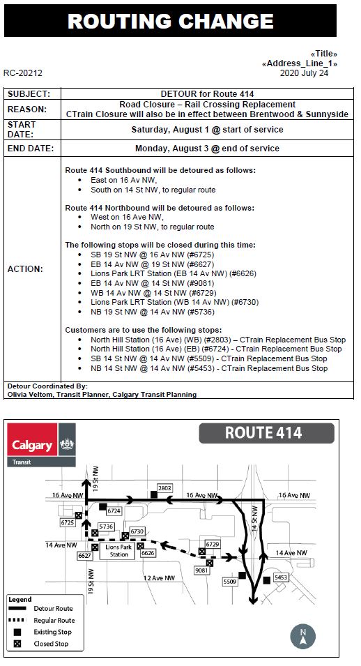calgarytransit's tweet photo. #CTRiders Between Saturday Aug 1, start of service and Monday Aug 3 end of service. Detours will be in place for #Route19 #Route31 #Route40 #Route91 #Route105 #Route404 #Route414 to accommodate the road closure on 14 Ave. https://t.co/gzoV5rfNwF