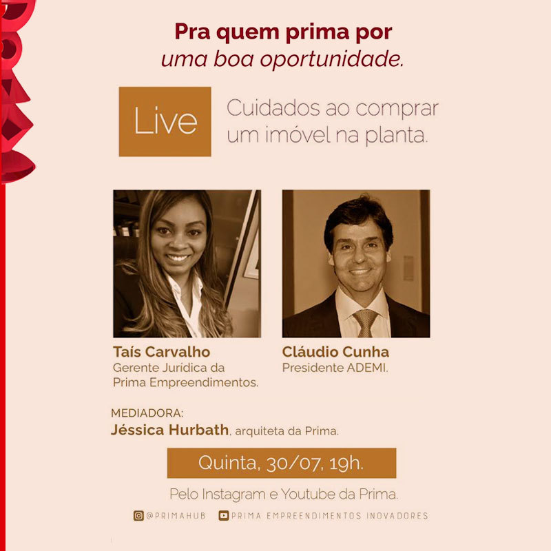PrimaHub's tweet image. Nesta quinta-feira (30), às 19h, teremos mais uma Live em nossos canais digitais Instagram (@primahub) e YouTube com o tema "Cuidados ao comprar imóvel na planta". Mais informações em nosso blog no site  bit.ly/2X6Hbj3. 

Avisa os amigos e não perca!

#PrimaHub #HPB
