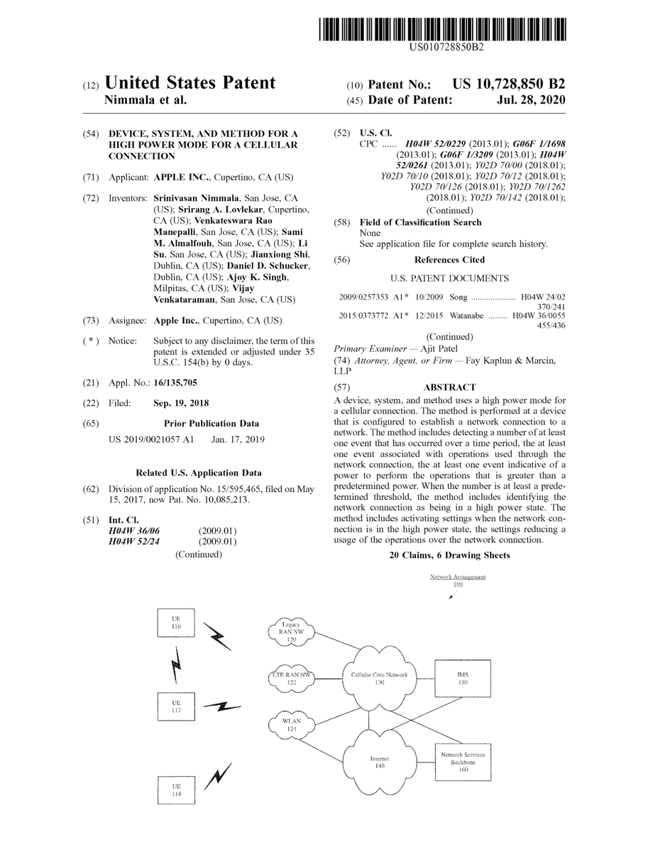 $AAPL #patent 10,728,850 Device, system, and method for a high power mode for a cellular connection #tech #IP #research trea.com/doc/10728850