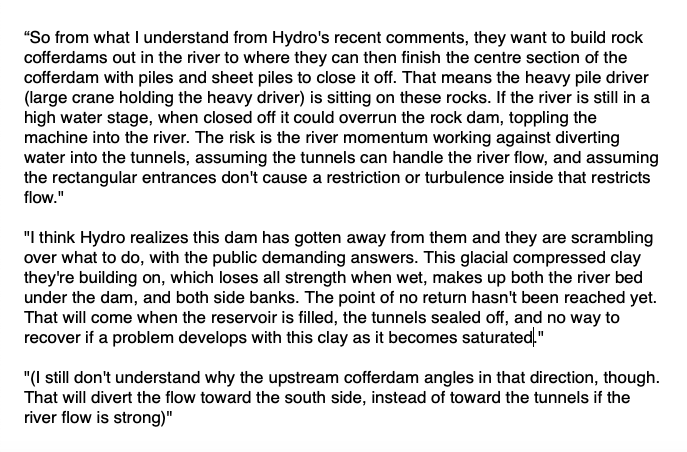 The next musings from my engineer friend are quite long so I've screenshot them. He wants to emphasize he's just a concerned onlooker asking Qs, & has no information about BC Hydro's  #SiteC design thinking is (and BC Hydro's ongoing opacity here is part of the problem).  #bcpoli