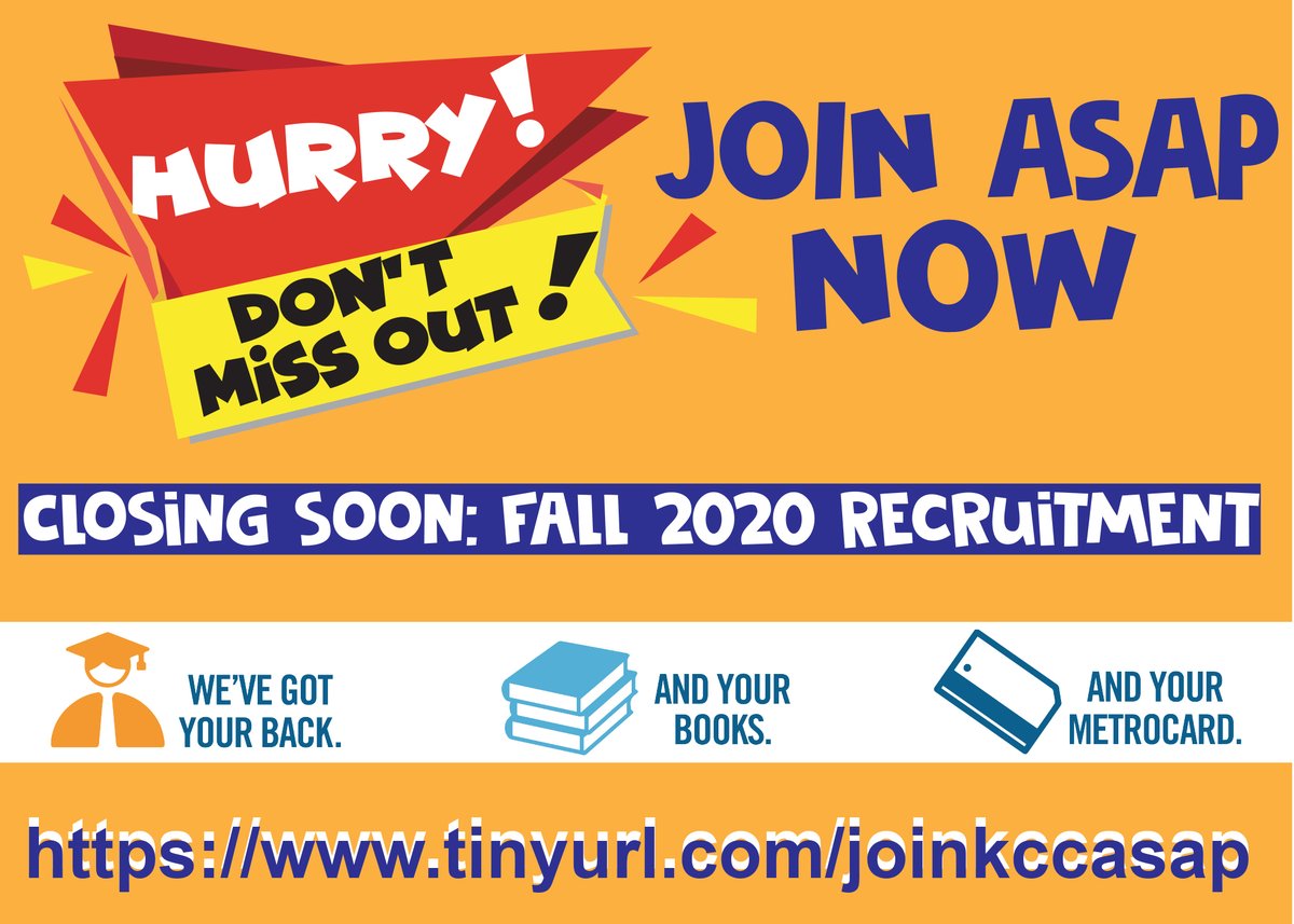 kbccasap's tweet photo. Hurry, time is running out to join ASAP for the FALL 2020 semester! JOIN NOW! https://t.co/oNRaRQ47Ce #asap #kbccasap #cuny #kcc #kbccasap #fdrhighschool #forthamiltonhighschool #newutrechthighschool #leonmgoldsteinhighschool #midwoodhighschool #stedmundprep https://t.co/yWRtvBpFrv