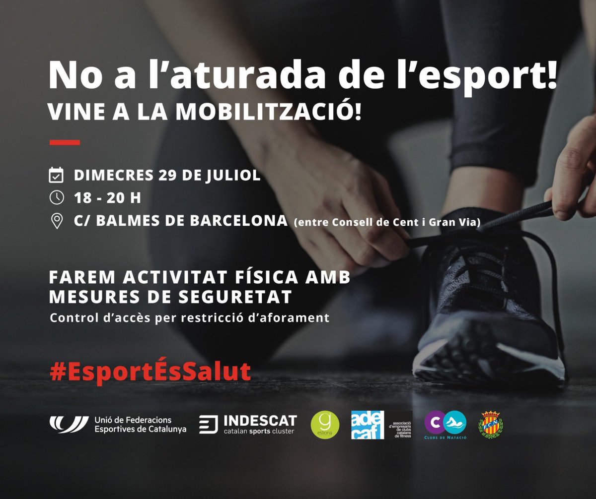Dimecres 29 de juliol, de 18 a 20h, vine a la mobilització! 

NO A L’ATURADA DE L’ESPORT!

#EsportÉsSalut <a href="/AdecafFitness/">ADECAFF</a> <a href="/indescat/">INDESCAT</a> <a href="/llopgestio/">llop-gestió de l'esp</a> <a href="/SINTAGMIA/">SINTAGMIA</a>