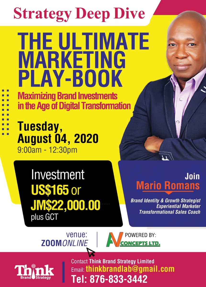 Register now for <a href="/ThinkBrandLab/">Think: Brand Strategy</a> Mario Romans' Strategy Deep Dive
(876) 833-3442 or thinkbrandlab@gmail.com