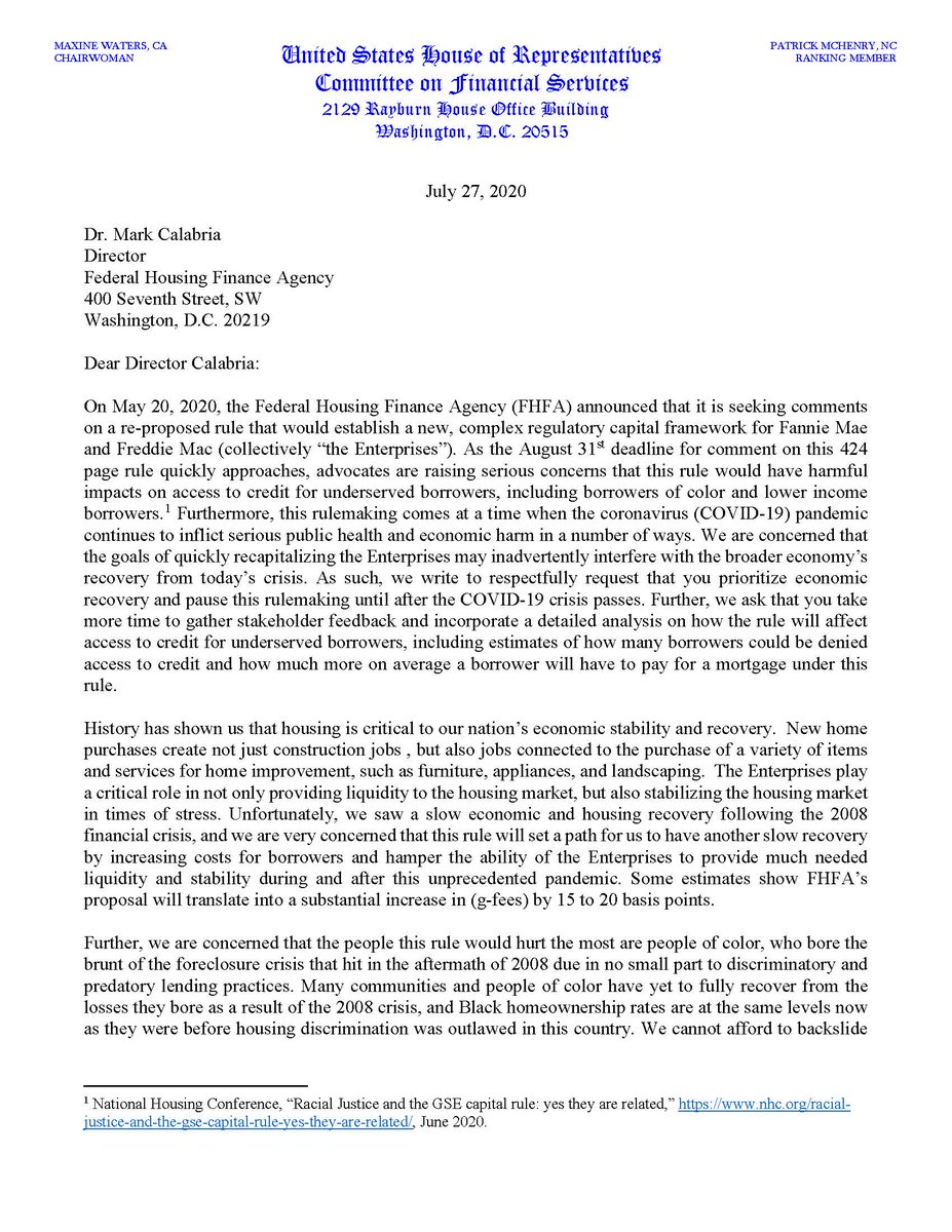 USHouseFSC's tweet photo. #RELEASE: Chairwoman @RepMaxineWaters, Clay, and @RepDennyHeck Request Housing Finance Regulator Pause Rulemaking Increasing Capital for @FannieMae and @FreddieMac | https://t.co/jrhZ8G5YgE https://t.co/PVt9EcUKGF