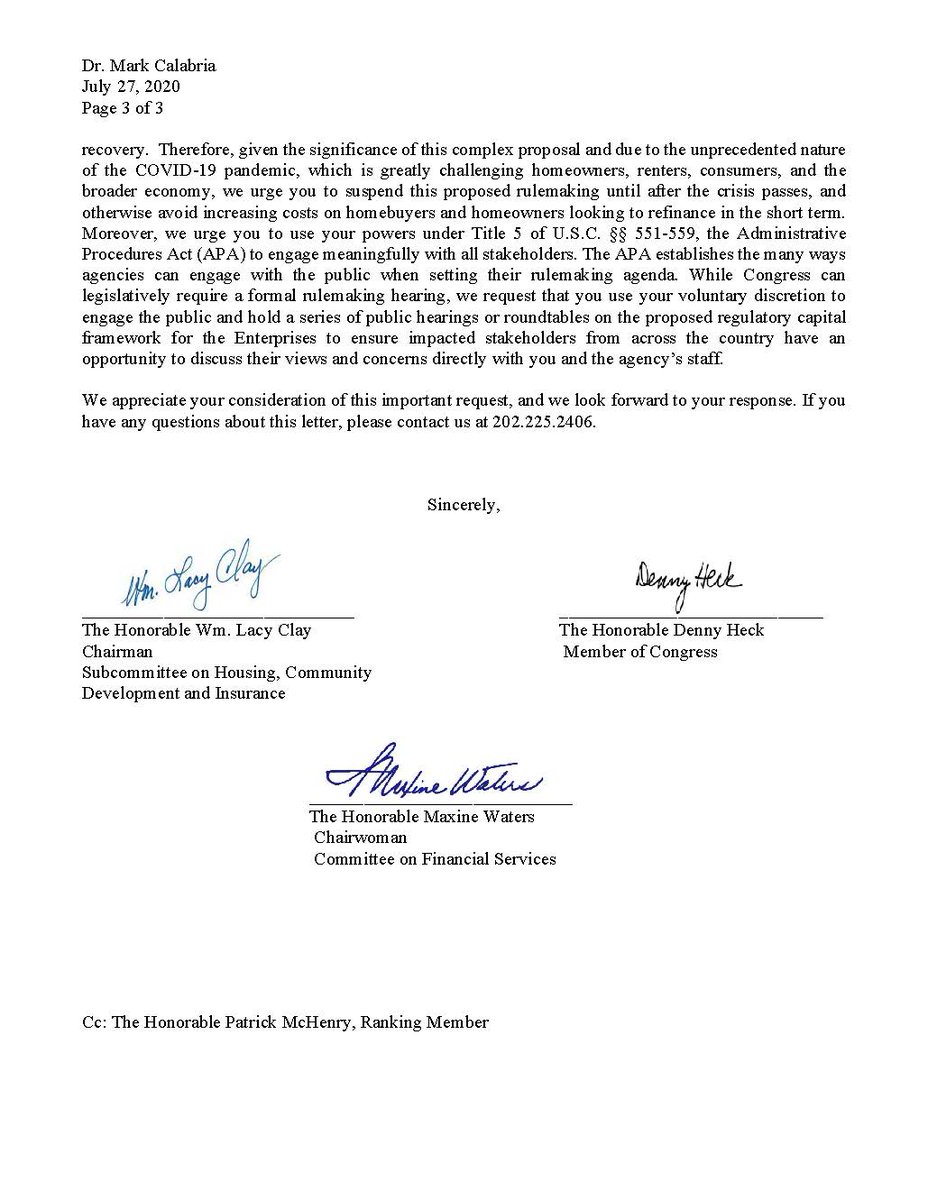 USHouseFSC's tweet photo. #RELEASE: Chairwoman @RepMaxineWaters, Clay, and @RepDennyHeck Request Housing Finance Regulator Pause Rulemaking Increasing Capital for @FannieMae and @FreddieMac | https://t.co/jrhZ8G5YgE https://t.co/PVt9EcUKGF
