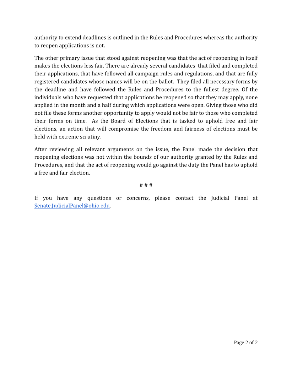 Please contact us at Senate.JudicialPanel@ohio.edu with any questions or concerns. #OHIOUelections  
<a href="/OHIOUSenate/">OHIO Student Senate</a> <a href="/TheNewPolitical/">The New Political</a> <a href="/ThePost/">The Post</a>