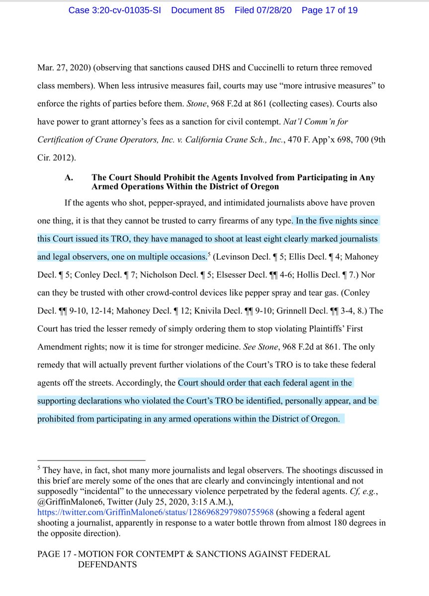 This is another tweet included in today’s Motion;“In the five nights since this Court issued its TRO, they have managed to shoot at least eight clearly marked journalists and legal observers, one on multiple occasions” https://drive.google.com/file/d/1sAq-RZjmMtQnCqSEUmAyji3LGUcwB7Ci/view?usp=drivesdk https://twitter.com/psuvanguard/status/1287317488527486976?s=20