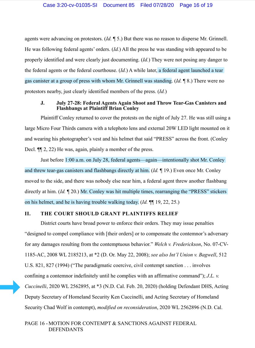 This is another tweet included in today’s Motion;“In the five nights since this Court issued its TRO, they have managed to shoot at least eight clearly marked journalists and legal observers, one on multiple occasions” https://drive.google.com/file/d/1sAq-RZjmMtQnCqSEUmAyji3LGUcwB7Ci/view?usp=drivesdk https://twitter.com/psuvanguard/status/1287317488527486976?s=20