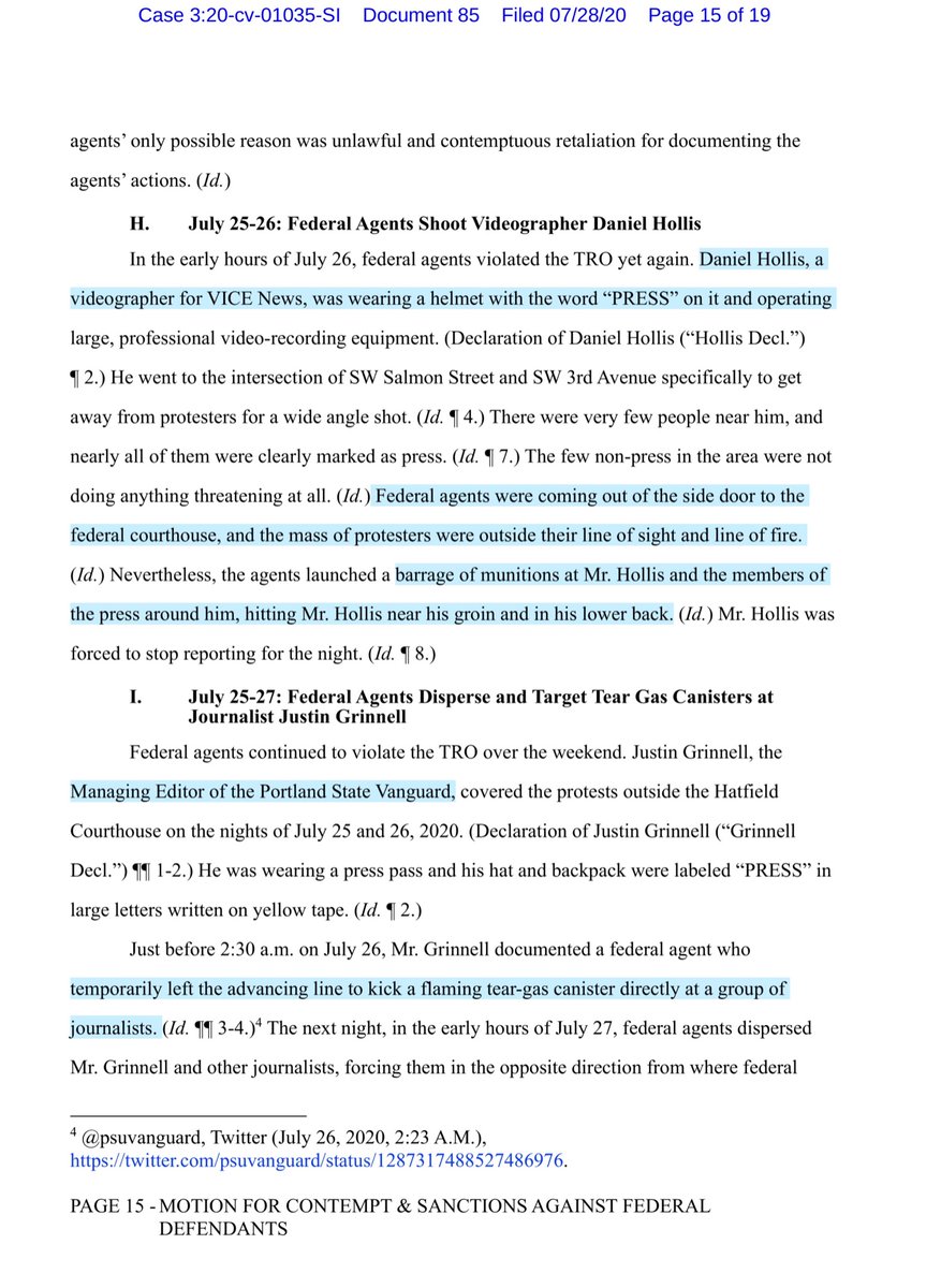 This is another tweet included in today’s Motion;“In the five nights since this Court issued its TRO, they have managed to shoot at least eight clearly marked journalists and legal observers, one on multiple occasions” https://drive.google.com/file/d/1sAq-RZjmMtQnCqSEUmAyji3LGUcwB7Ci/view?usp=drivesdk https://twitter.com/psuvanguard/status/1287317488527486976?s=20