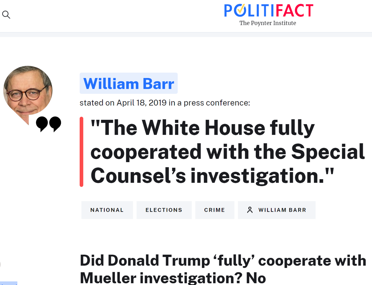 4. How false?This false.PolitiFact's  @johnkruzel's analysis: https://www.politifact.com/factchecks/2019/apr/22/william-barr/did-trump-fully-cooperate-mueller-investigation-no/