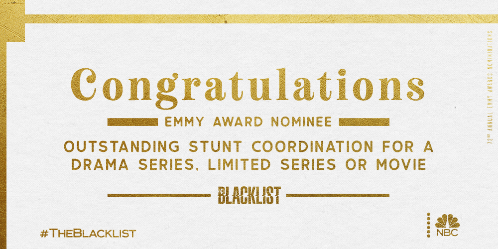 NBCBlacklist's tweet photo. There's never a lack of action on this set. Thanks for nominating #TheBlacklist for Outstanding Stunt Coordination For A Drama Series, 
@TelevisionAcad. https://t.co/9G8m1nhvWq
