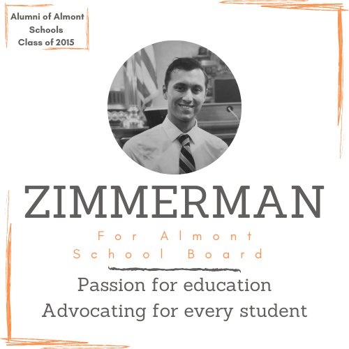C_D_Zimmerman's tweet photo. As of today I am officially on the Ballot to run for a seat on Almont School Board. Election is November 3rd, on the same ballot as the Presidential election. It is an honor as an alumni to try to represent the very school district that I was brought up on! https://t.co/X2p5vLTRLF
