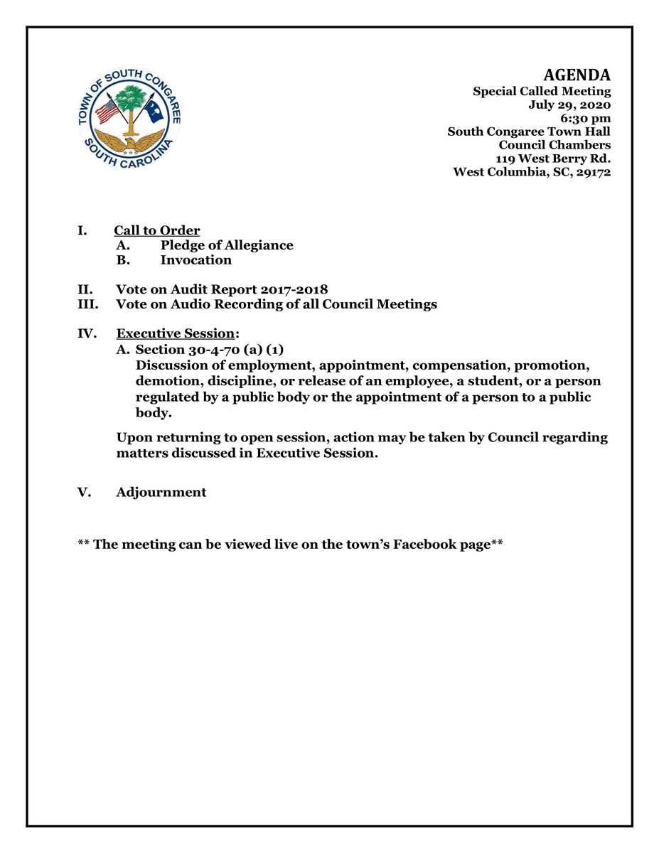This is the agenda for the Town of South Congaree's 07/29/2020 meeting which will be held at the town hall at 6:30 p.m.