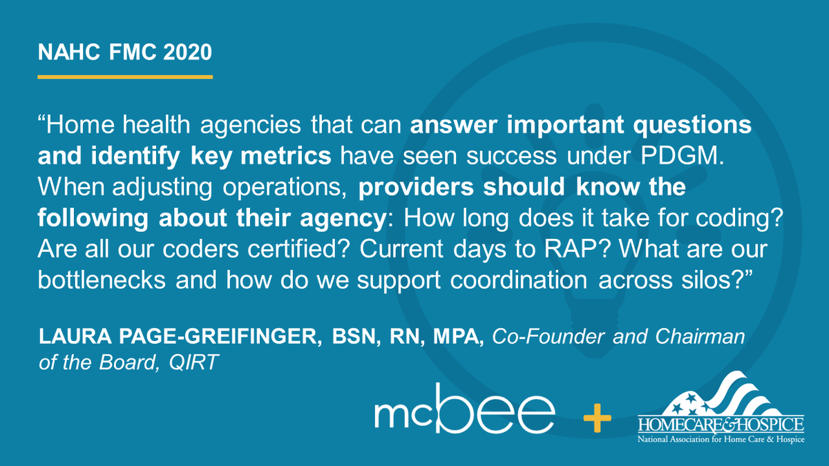 McBeeassociates's tweet photo. .@QIRTClinical's Co-Founder and Chairman of the Board Laura Page-Greifinger shares crucial questions #HomeHealth providers should ask for success under #PDGM at the National Association for Home Care &amp; Hospice #NAHCFMC20. https://t.co/tWX5sp6QX3