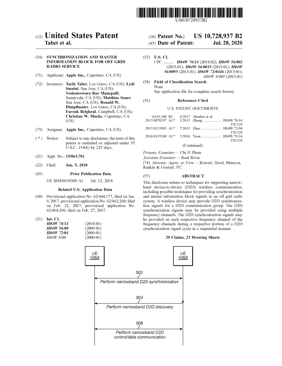 $AAPL #patent 10,728,937 Synchronization and master information block for off grid radio service #tech #IP #research trea.com/doc/10728937