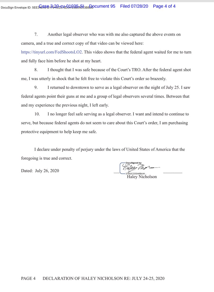 “Declaration of Haley Nicholson in Support of Motion for Imposition of Sanctions and Finding of Contempt Against Defendants”ECF https://ecf.ord.uscourts.gov/doc1/15107618147?caseid=153126Public Drive https://drive.google.com/file/d/1zB5OZNav-a3hmakv_ZkXC5Z3DPJqpET4/view?usp=drivesdkYou get that Fed Agents could have killed this observer? Shot at point blank range