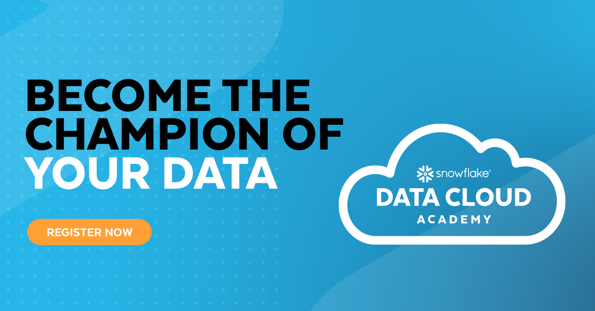 Snowflake's tweet photo. Champion the Data Cloud in your organization with any of the Data Cloud Academy's three free instructional tracks presented by Snowflake experts, customers, and partners: https://t.co/3MxzqH5goQ https://t.co/N02zSgE4it