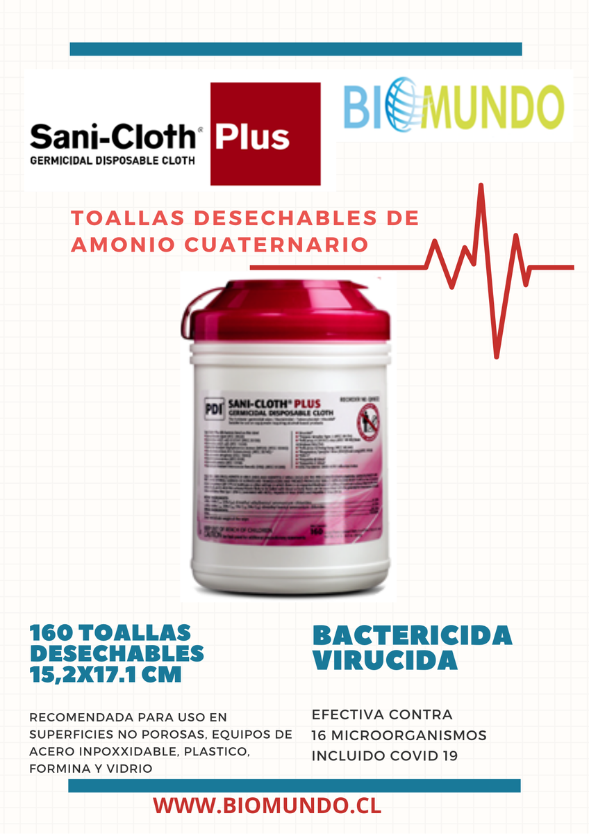 Biomundo_chile's tweet photo. SANI CLOTH PLUS, toallas desechables amonio cuaternario, Virucida-Bactericida Apta para combatir la propagación de Covid-19, Eficacia en 16 Microorganismos con un tiempo total de contacto de 3 minutos.

Solicite información en https://t.co/iRRs9jHn6Y
#Biomundo #AmonioCuaternario https://t.co/SVEFz9A0uS