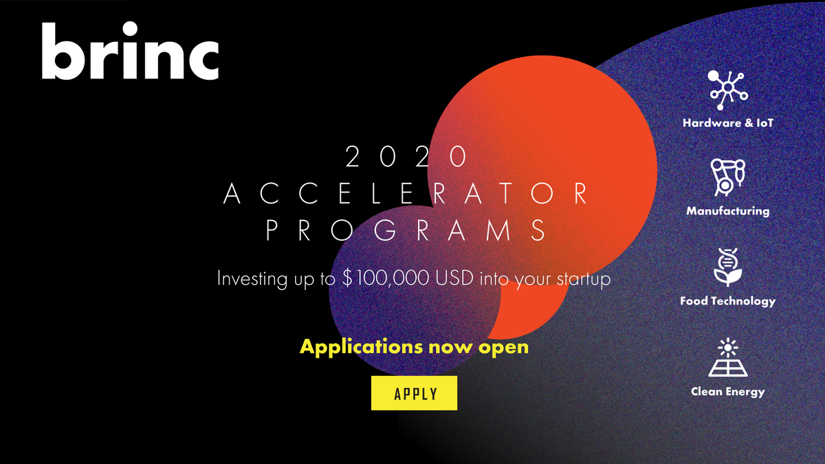 brincvc's tweet photo. We're investing up to $100,000 USD into the best startups from around the world through our upcoming accelerator programs. Apply now: https://t.co/ORZ897jQ9s

#Startup #Entrepreneur #Investor #Hardware #AgTech #AgriTech #MedTech #FoodTech #AlternativeProtein #CleanTech https://t.co/5ifxttWRdR