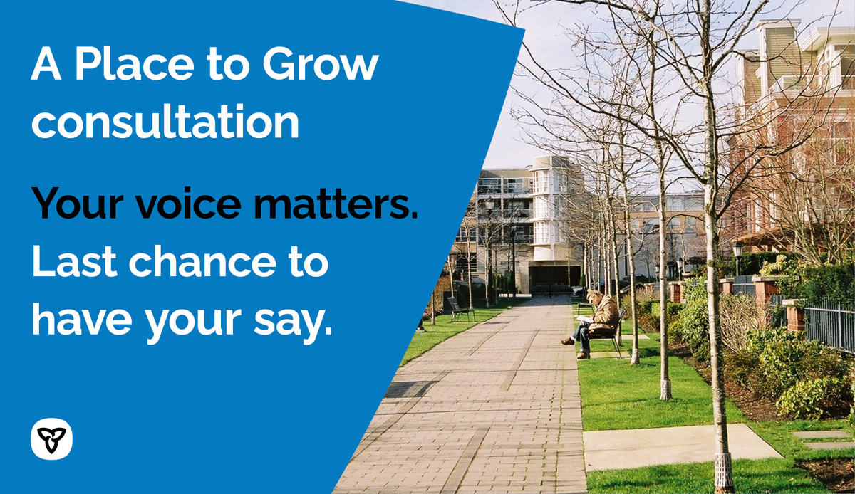 ONmunicipal's tweet photo. This is the last week to provide comments on proposed changes to A Place to Grow and a new land needs assessment methodology to help GGH municipalities determine how much land they will need to accommodate future growth.
#landuseON #onmuni
https://t.co/Wprk7vTulS https://t.co/YAl8zgrJmW