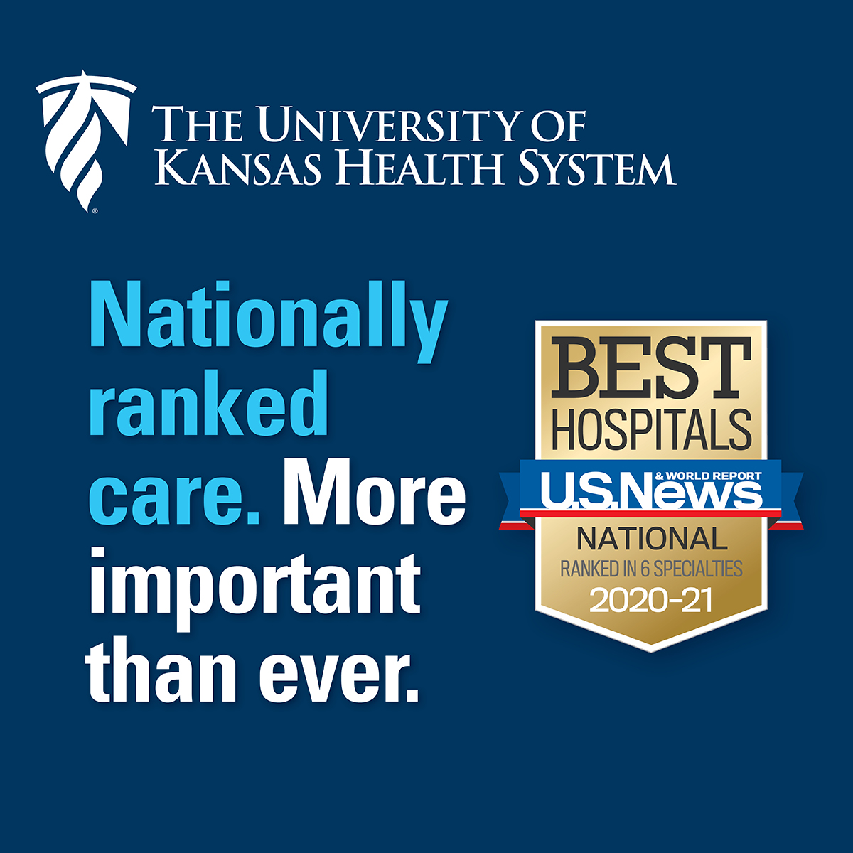 The University of Kansas Health System (@kuhospital) on Twitter photo Access to nationally ranked healthcare has never been more important. We're honored to be nationally ranked by <a href="/usnews/">U.S. News & World Report</a> among the nation’s top 50 hospitals in 6 specialties and high-performing in 5 specialties. Learn more. → bit.ly/2CURy2A Access to nationally ranked healthcare has never been more important. We're honored to be nationally ranked by <a href="/usnews/">U.S. News & World Report</a> among the nation’s top 50 hospitals in 6 specialties and high-performing in 5 specialties. Learn more. → bit.ly/2CURy2A