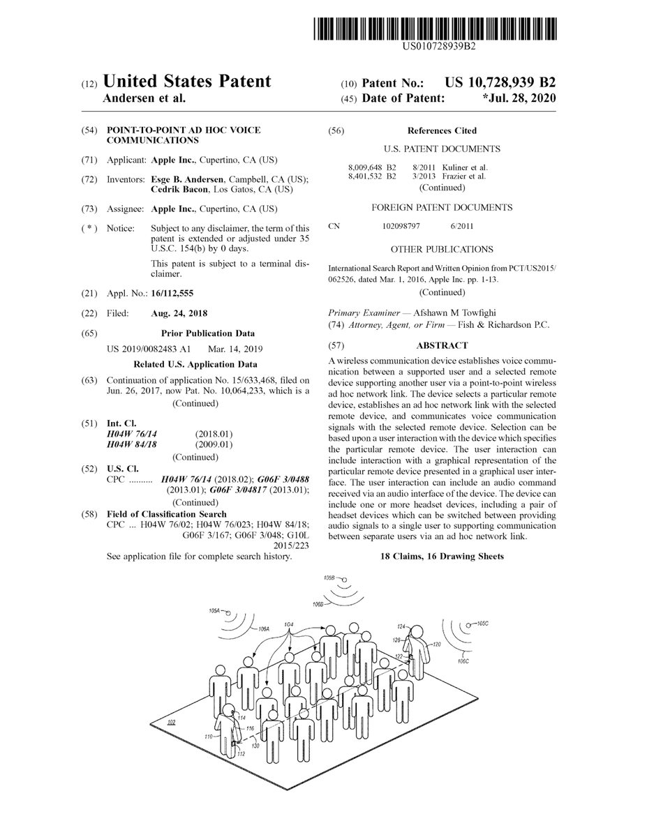 $AAPL #patent 10,728,939 Point-to-point ad hoc voice communications #tech #IP #research trea.com/doc/10728939