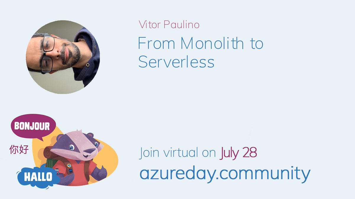 Msdev_PT's tweet photo. 🌏 Virtual Azure Community Day - 28 de julho - HOJE
🙌 24 horas, 90 sessões
O @vmpaulino traz-nos a sessão em Português From Monolith to #Serverless, que vai começar em 10 min!!
Junta-te: https://t.co/Zo8yJ2izJz
#VACD #Developers #MSDEV_pt https://t.co/pv7PHLNOYL