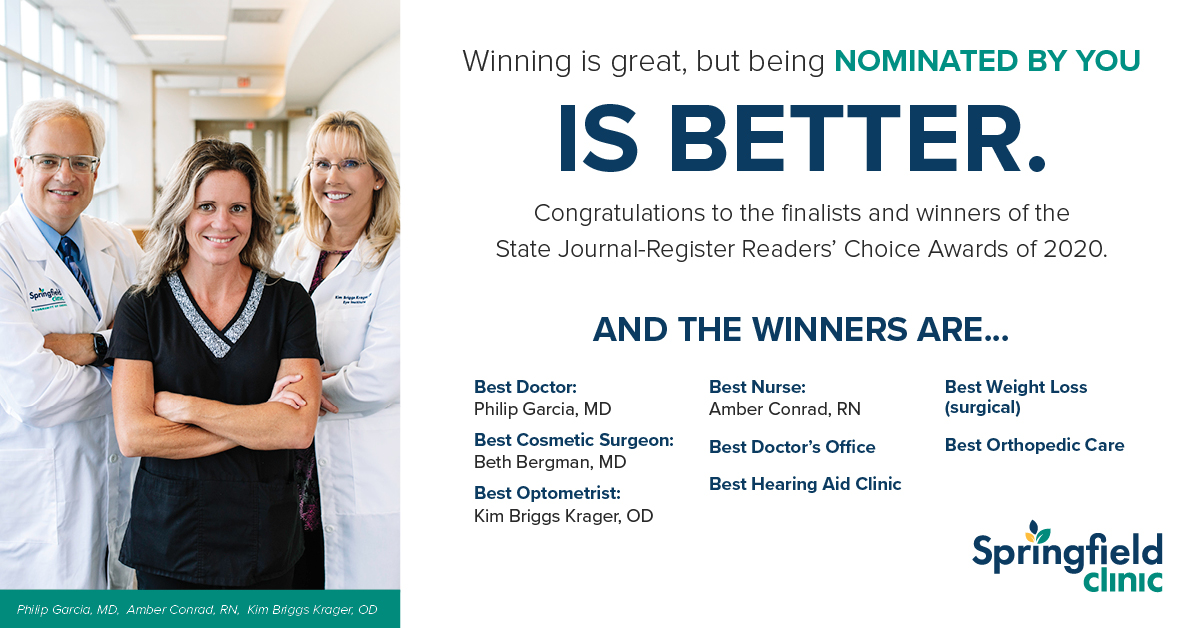 SpfldClinic's tweet photo. A heartfelt thank you for the nominations and a big congratulations to the finalists and winners of this year's @SJRbreaking Readers' Choice Awards. Springfield Clinic is proud to be part of this community. #SpfldClinic #ACommunityofCaring https://t.co/rQBHPh9ukd