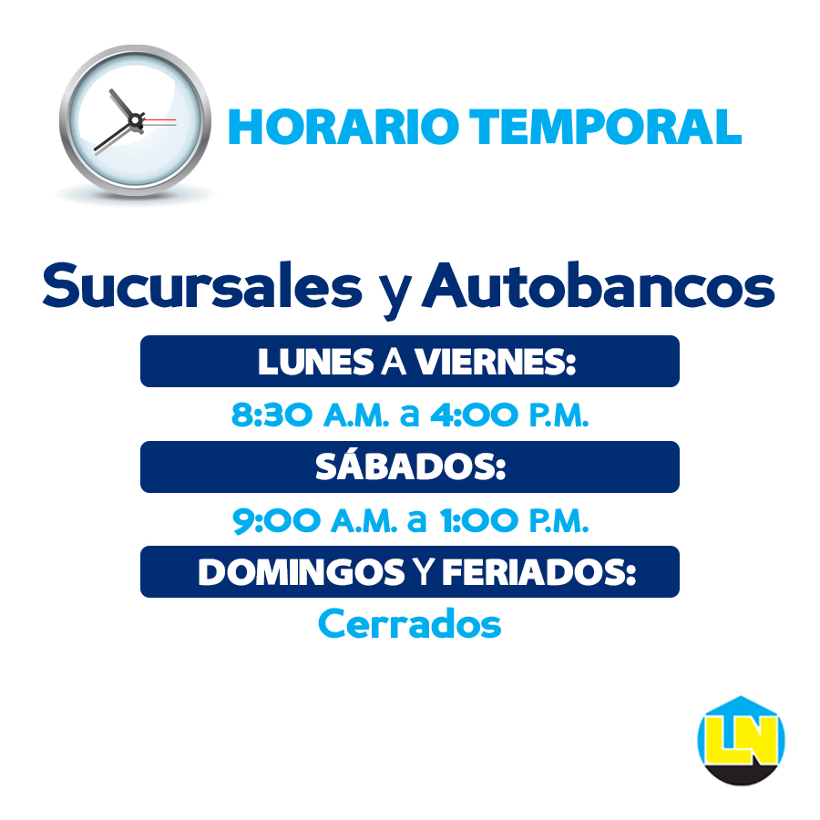 AsocLaNacional's tweet photo. A partir del miércoles 29 de julio, nuestra #ReddeSucursales, #Autobancos y #CentrodeContacto estarán laborando en un nuevo horario temporal para continuar ofreciéndoles nuestros servicios financieros y atender sus necesidades, dentro del protocolo de prevención.#LaNacional https://t.co/2CKRv2Ryg0