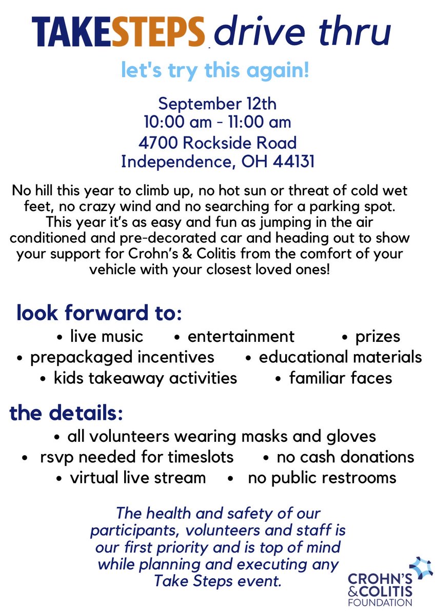 Modifications have been made to our TakeSteps event to accommodate everyone safely. We hope to see you at TakeSteps Drive-Thru on September 12th! 🚶🧡