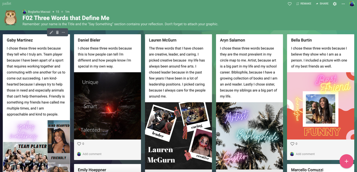 EsolBogi's tweet photo. In Day 2 of the #NBPSummer #PersonalBranding we used @canva to create visual "I am" statements @padlet to share out & get feedback. Ss also started their own websites using @GoogleForEdu sites, @Wix, @Weebly or @AdobeSpark - lots of choice and creative options! #DigitalLearning https://t.co/dc6z4QfQAj