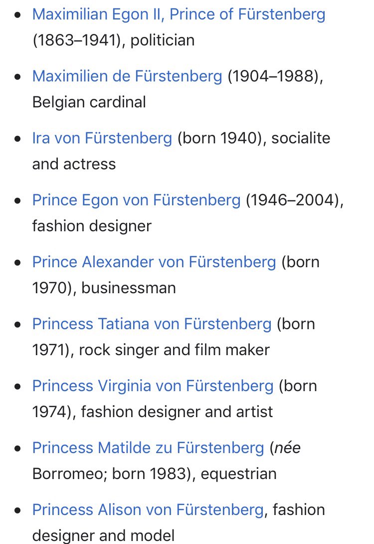 71/ DVF (pt 3)...this barely scrapes a point that deserves it’s own digMarried to German nobility with family members spread far & widePoliticiansA CardinalFashion/modelingMusicUN|CEFOdd that she’d marry into a family that worked for the monstersEnd of DVF; onward