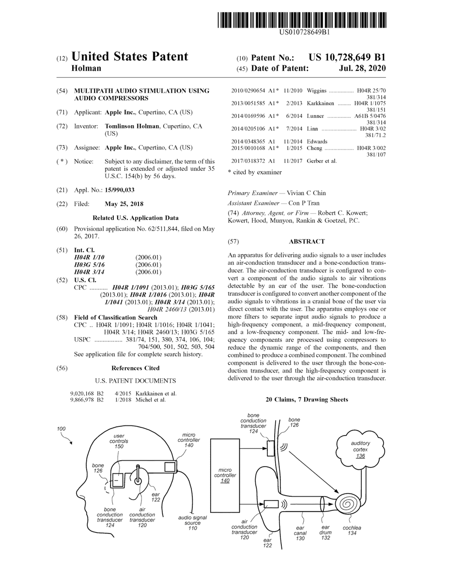 $AAPL #patent 10,728,649 Multipath audio stimulation using audio compressors #tech #IP #research trea.com/doc/10728649