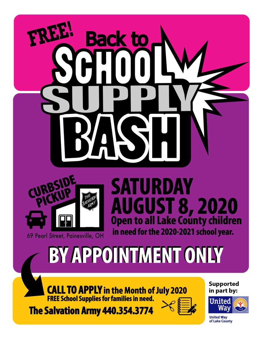 FREE SCHOOL SUPPLIES AVAILABLE TO CHILDREN IN NEED. Please help spread the word. In need? Call The Salvation Army by this Friday at 440-354-3774 to apply for their August 8 curbside distribution! Our support of this program is just another way we’re working to help those in need.