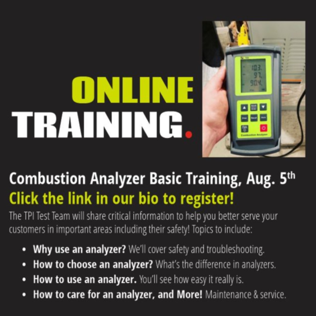 NEXT WEDNESDAY: Combustion Analyzer Basics. YOU'RE INVITED!! Join us for an hour of tech talk with the TPI Team. #hvactechnician #hvaclife #heatingandcooling #furnacetuneup #hvacservice #hvactech #hvac