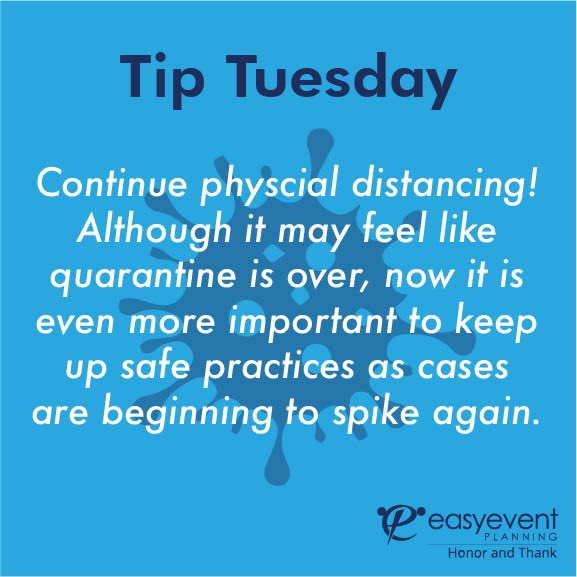 It's Tip Tuesday! With 1 million American's infected with COVID-19 in the last 2 weeks, please continue to practice social distancing in order to keep you and your loved ones safe. #pandemic #socialdistancing
#coronavirus #easyeventplanning  #physcialdistance #6feet #COVIDー19