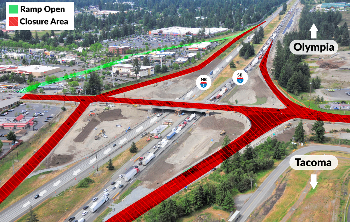 Overhead photo of Hawks Prairie at Marvin Road/I-5. Red arrows show the overpass and it's ramps will close. The exit to Quianult Drive will remain open. Down arrow pointing toward Tacoma. Up arrow pointing toward Olympia. 