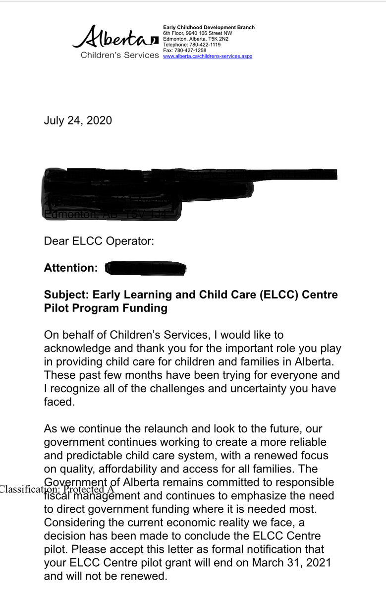 It's official. $25/day child care will end for remaining families next March. This marks the end to any plan for universal quality childcare, the refusal to use the strongest economic recovery tool at our disposal & the active decision to push women out of the workforce.  #ableg