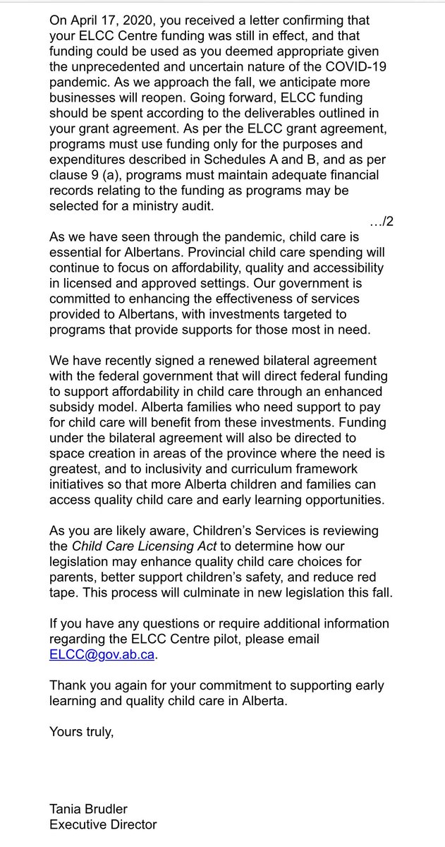 It's official. $25/day child care will end for remaining families next March. This marks the end to any plan for universal quality childcare, the refusal to use the strongest economic recovery tool at our disposal & the active decision to push women out of the workforce.  #ableg