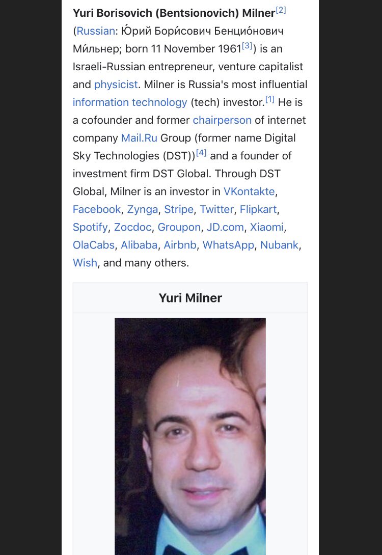 73/ YURl MlLNERlSRAELl-RUSSIAN TECH MOGULInvested inTw_trF_BAir_BnBAIibaba23&me (DNA colxn)Minority investor in Kusher coLives in Silicon VWorks to “global brain” via IoTNamed in Paradise PapersCreated BreakThrough Prize withZuck & wifeBrin23&me founder